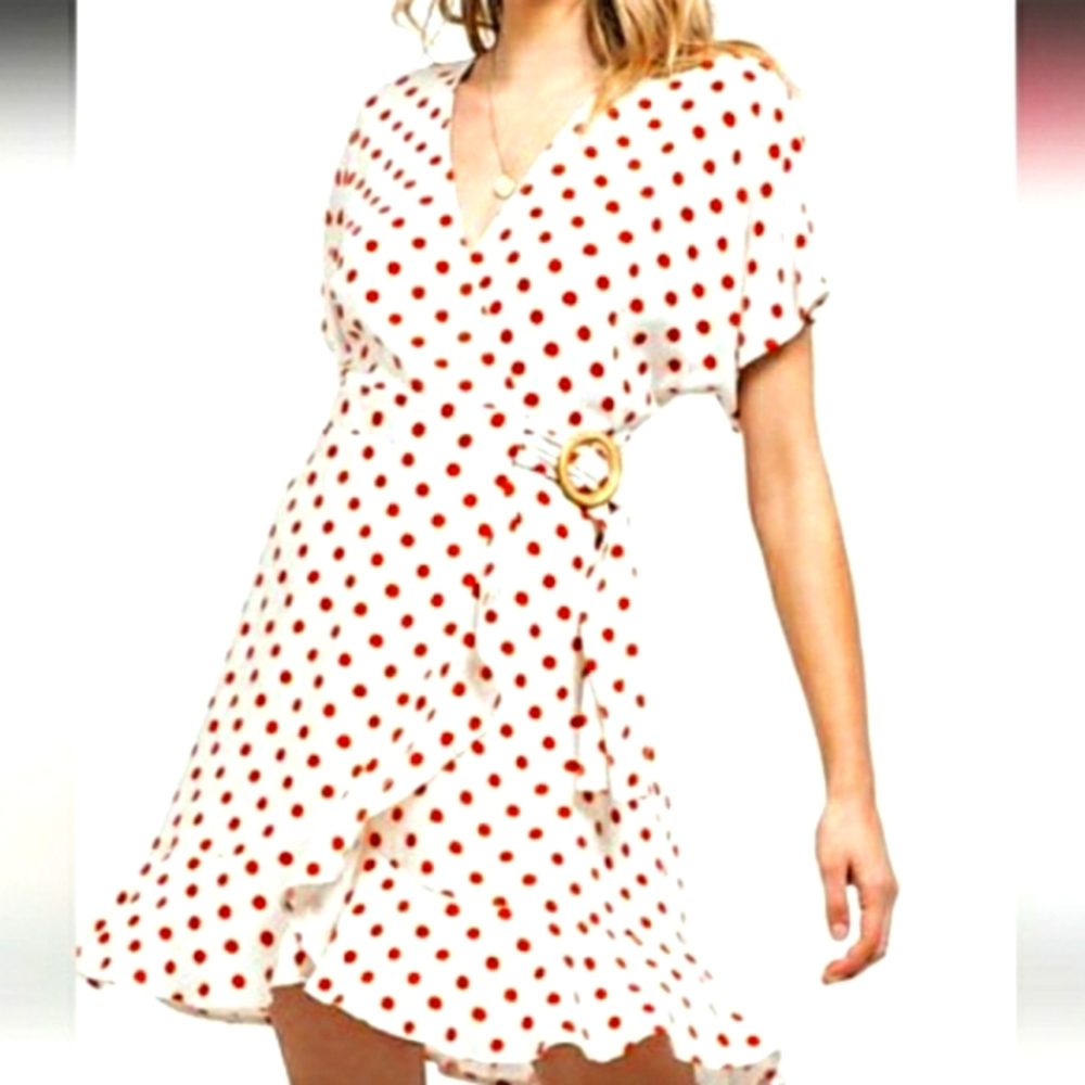Blu Pepper Pinup Retro Red Polka Dot Linen Blend Wrap Ruffled Dress Sz L